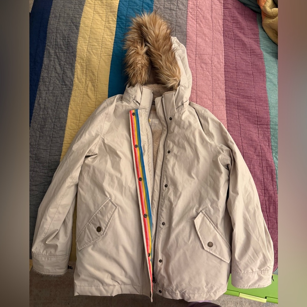 Boden Cream Rain Coat with Removable Fur liner and fur trim